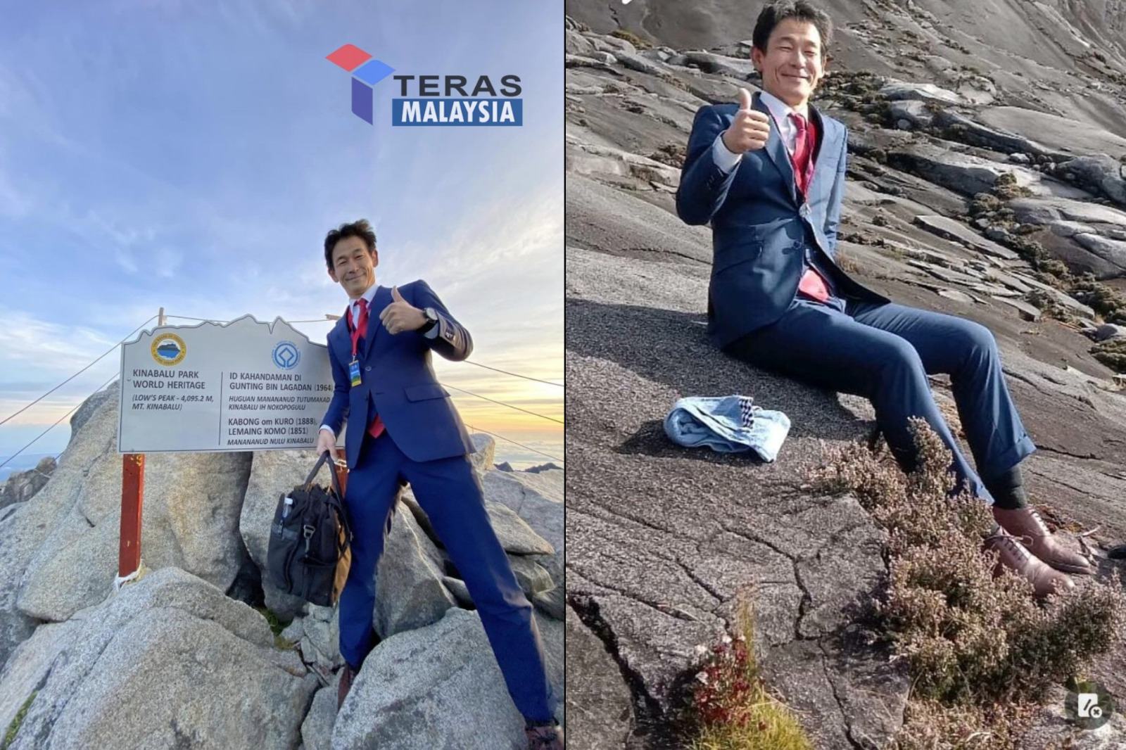 Memang rare Warganegara Jepun daki Gunung Kinabalu dengan berpakaian suit pejabat